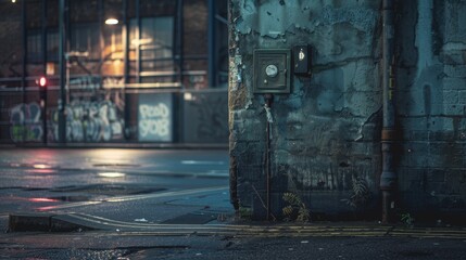 A dark alley with graffiti on the wall and a street light in the background