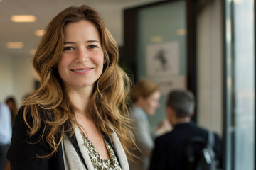 Obraz premium Beautiful business girl in a suit smiles. Against the background of the office