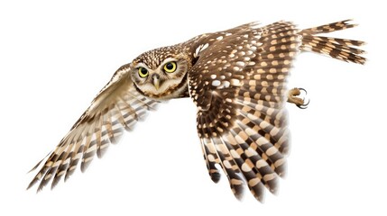 Flying owl in solitude against a white backdrop featuring a Little Owl