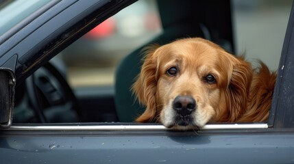 Golden retriever dog poking its head out of a car window