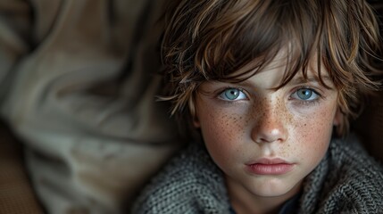 Detailed portrait of a boy with piercing blue eyes and freckles, giving an intense stare under natural light