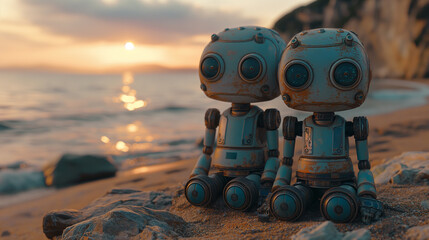 couple of robots in love are relaxing on the shore of the sea