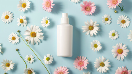 a white bottle of body lotion and daisies on a pastel background