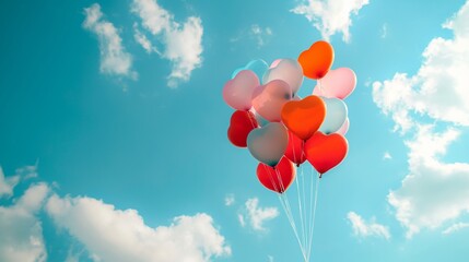 balloons shaped heart in blue sky background, valentine day