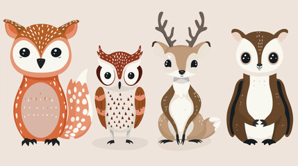 Cute animals Four owl squirrel badger deer. Vector illustration