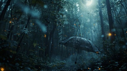 A dark forest with a path and a black umbrella