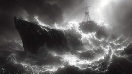 A ship battles a raging storm in a dramatic black and white photograph.