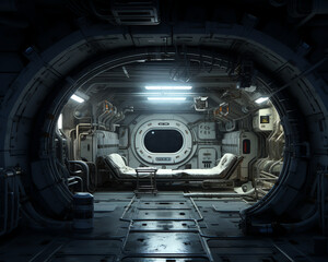 Futuristic spaceship interior with sleek design and a large window overlooking space.