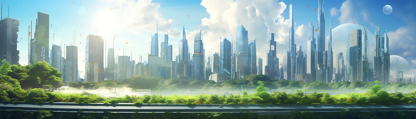 Futuristic city skyline with tall buildings and lush greenery.