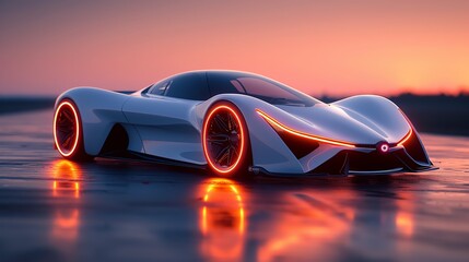 Futuristic white sports car with glowing red rims on asphalt