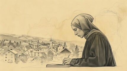 St. Bridget of Sweden Writing in 14th-Century Swedish Village, Biblical Illustration, Beige Background, Copyspace