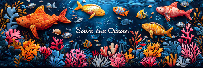 Save the ocean concept with vibrant coral reefs and fish in an artistic underwater illustration. World Ocean Day.