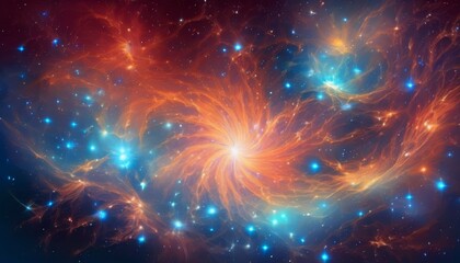 Vivid digital artwork depicting a sprawling cosmic nebula, blending fiery oranges and icy blues among swirling star formations.. AI Generation