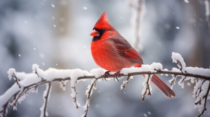 Majestic Red Cardinal Perched on Snow-Covered Branch in Winter Forest - High-Resolution Nature Photography