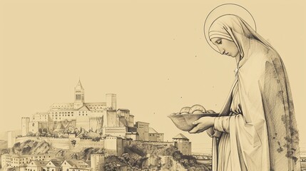 St. Elizabeth of Hungary Distributing Bread to Poor in Medieval Castle, Biblical Illustration, Beige Background, Copyspace