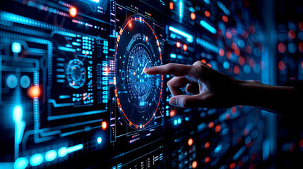Fingers Clicked on Center Position of High-Tech Circuit Diagram,Network security, authentication and authorization, data encryption, access control, security auditing.