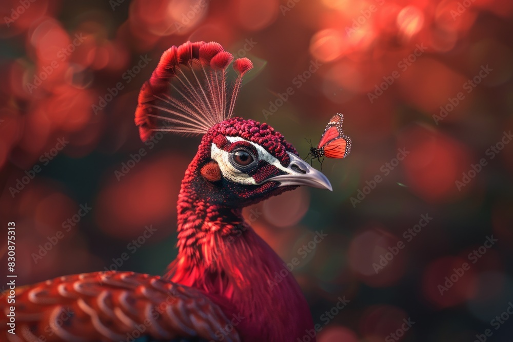 Poster close-up shot of a bird with a butterfly perched on its head. suitable for nature and wildlife theme