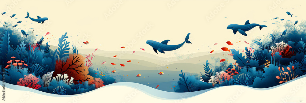 Wall mural Underwater scene with marine life and save the ocean message in artistic illustration. World Ocean Day.