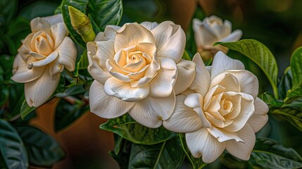 a gardenia garden, where the pristine white flowers take center stage, radiating a soft, gentle light in the morning sun, creating a mesmerizing spectacle of natural elegance.