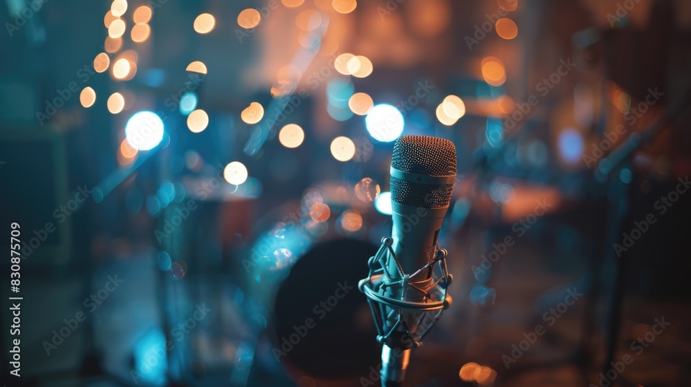 Poster A microphone in front of a stage with lights in the background. Ideal for music events and performances