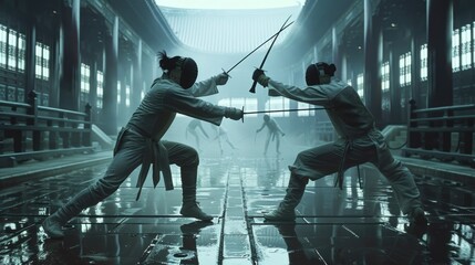 Two men standing with swords, suitable for historical reenactments or fantasy illustrations