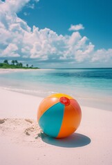 Obraz premium Colorful beach ball lying on the white sand of an empty tropical sandy shore with gentle waves lapping at its edge under a bright blue sky.