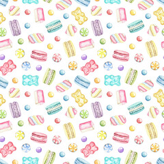Seamless pattern with various bright sweets isolated on white background. Watercolor hand drawn illustration