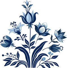 Vintage bouquet (composition) of folk botanical elements in the Delft Blue style. Digital illustration for wedding design, branding, scrapbooking