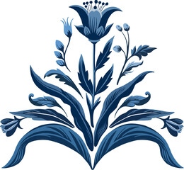 Vintage bouquet (composition) of folk botanical elements in the Delft Blue style. Digital illustration for wedding design, branding, scrapbooking