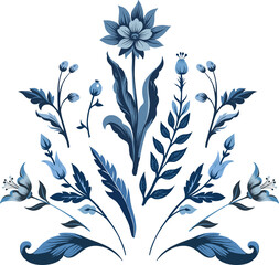Vintage bouquet (composition) of folk botanical elements in the Delft Blue style. Digital illustration for wedding design, branding, scrapbooking