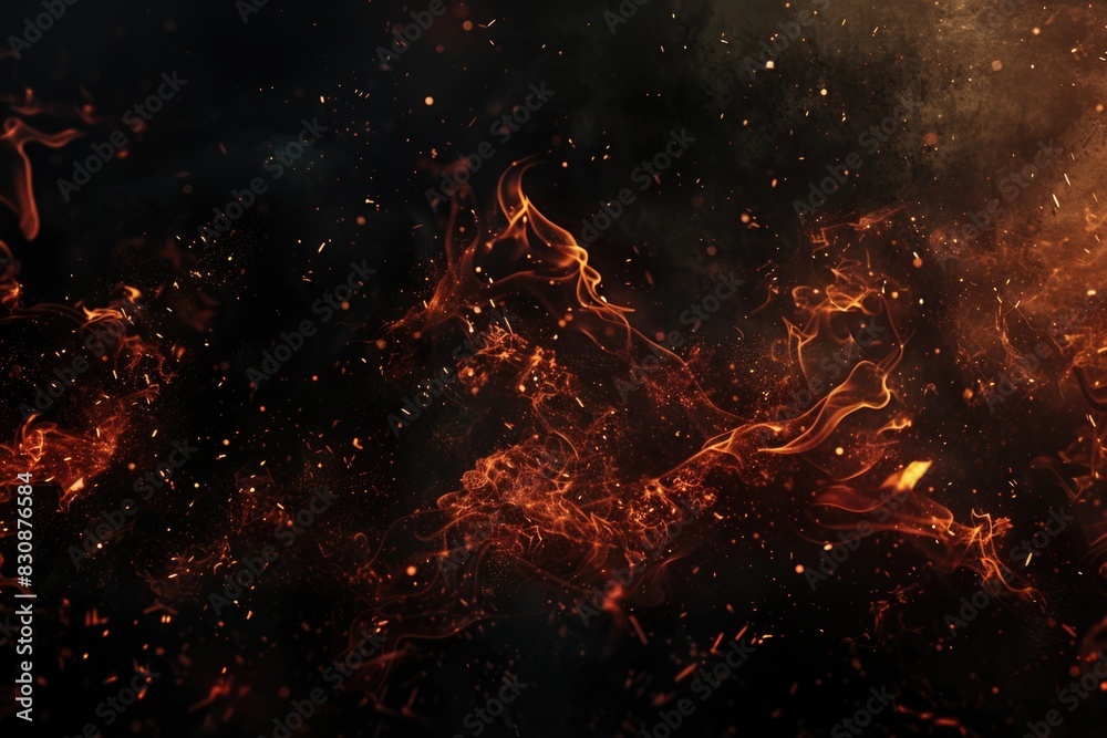 Poster Close up view of a fiery flame with a dark black background. Suitable for concepts related to heat, energy, danger, or destruction