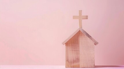 Wooden house model with cross on pastel background, minimal concept of family and church in home life. , stock photo 2/3 place for text copy space banner - Powered by Adobe
