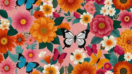 seamless pattern with colorful flowers and butterflies pastel background