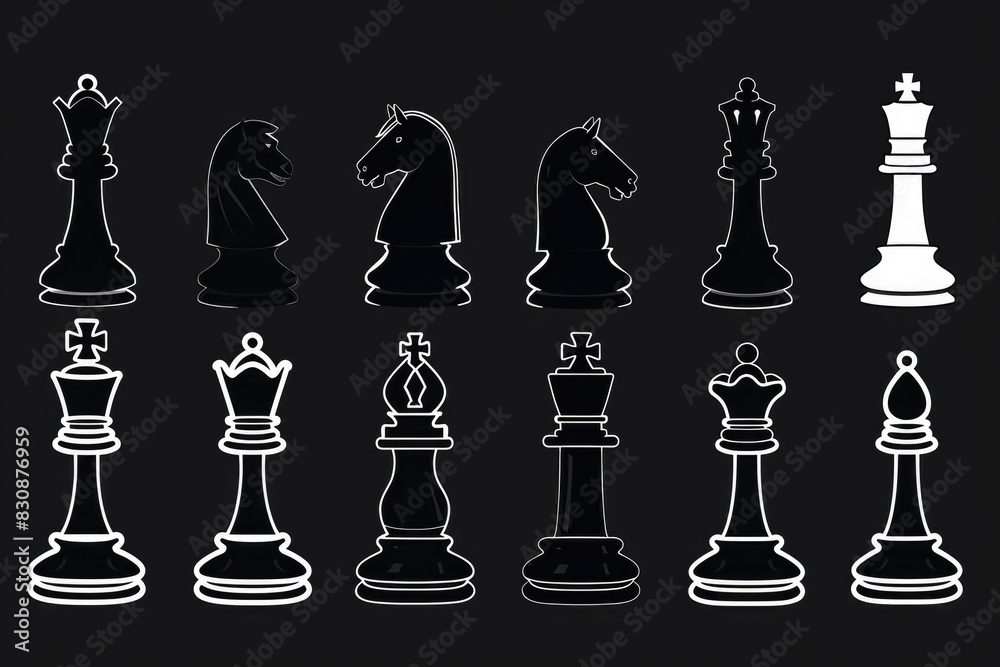 Poster chess pieces set on a black surface, suitable for strategy and competition concepts