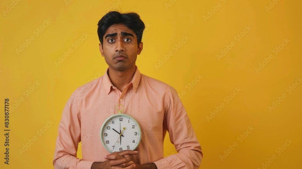 Poster a man holding a clock in front of his face. suitable for time management concept