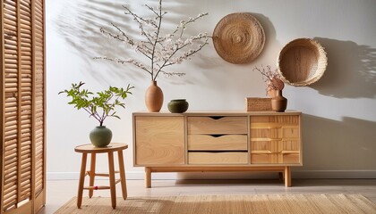 "Modern Japanese Interior: Minimalist Design with Wooden Sideboard