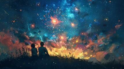 Obraz premium Fireworks Night Sky with Silhouette of Two People