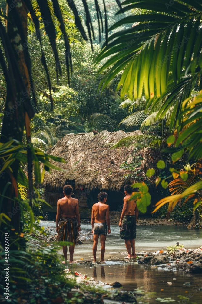Poster A group of people standing in a river, suitable for various concepts