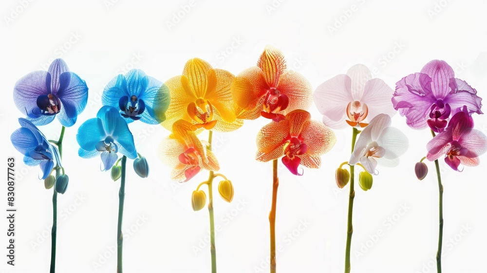 Aufkleber Vibrant orchids lined up against a clean white backdrop. Perfect for adding a pop of color to any design project