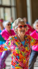 A group of older women wearing colorful clothing dance energetically during a Zumba class in a community center.