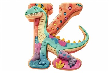 A letter K decorated with colorful dinosaurs. Suitable for educational materials or children's birthday party invitations