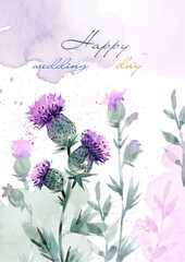 A wedding card with flowers and thistle branches. Pink wildflowers painted in watercolor for a wedding. A frame made of thistles, summer flowers for a holiday