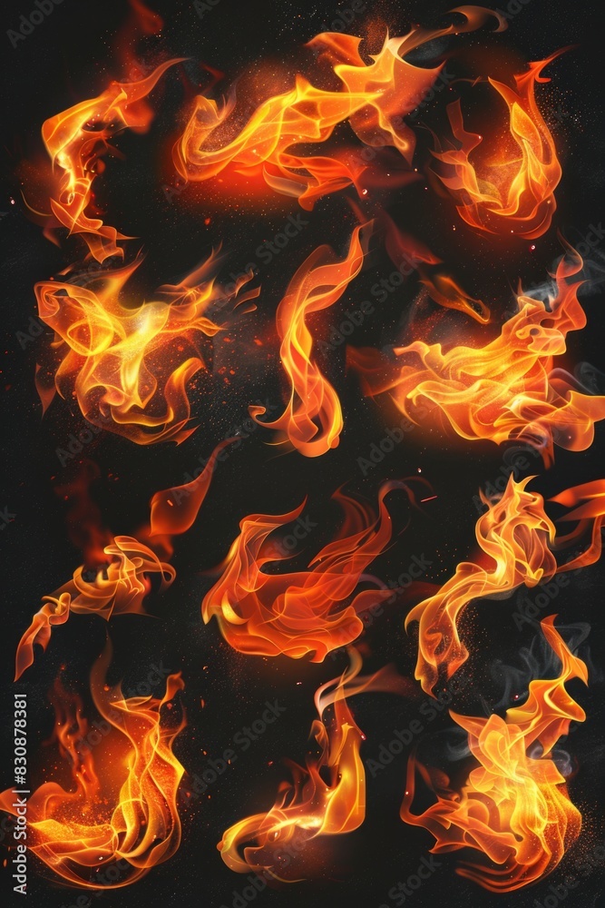 Poster a collection of fire flames on a black background. perfect for adding a fiery touch to designs