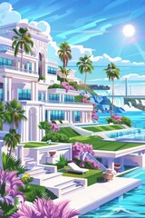 A flat illustration of many elegant Miami mansions, different architecture style in geometric shapes with palm trees and pink colorful flowers, in the style of cubism, lawn and swim, generated with AI