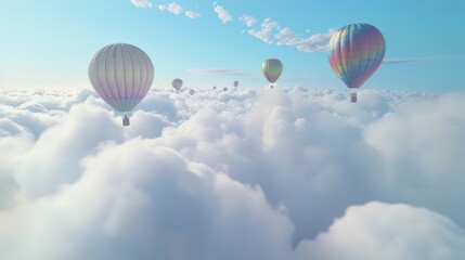 Obraz premium A mesmerizing scene of colorful hot-air balloons soaring above the fluffy white clouds, with the view extending into a clear blue sky. The balloons float gracefully, generated with AI