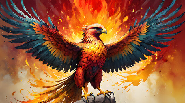 Phoenix bird fire fantasy firebird abstract magic 3D eagle animal. Phoenix bird fire tale character illustration render hawk fairy wings graphic feather gold background, Generative AI