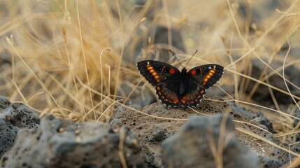 Obraz premium Black and orange winged butterfly in a setting of yellow dry grass and gray stones