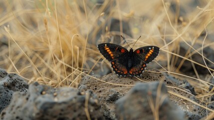 Black and orange winged butterfly in a setting of yellow dry grass and gray stones