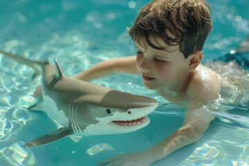 A young boy enjoying swimming with a toy shark. Great for children's activities promotion