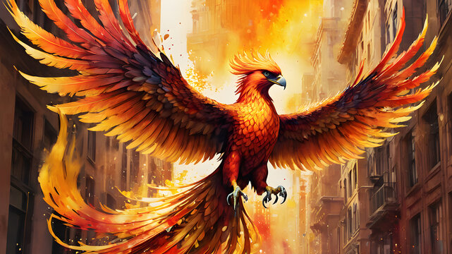 Phoenix bird fire fantasy firebird abstract magic 3D eagle animal. Phoenix bird fire tale character illustration render hawk fairy wings graphic feather gold background, Generative AI